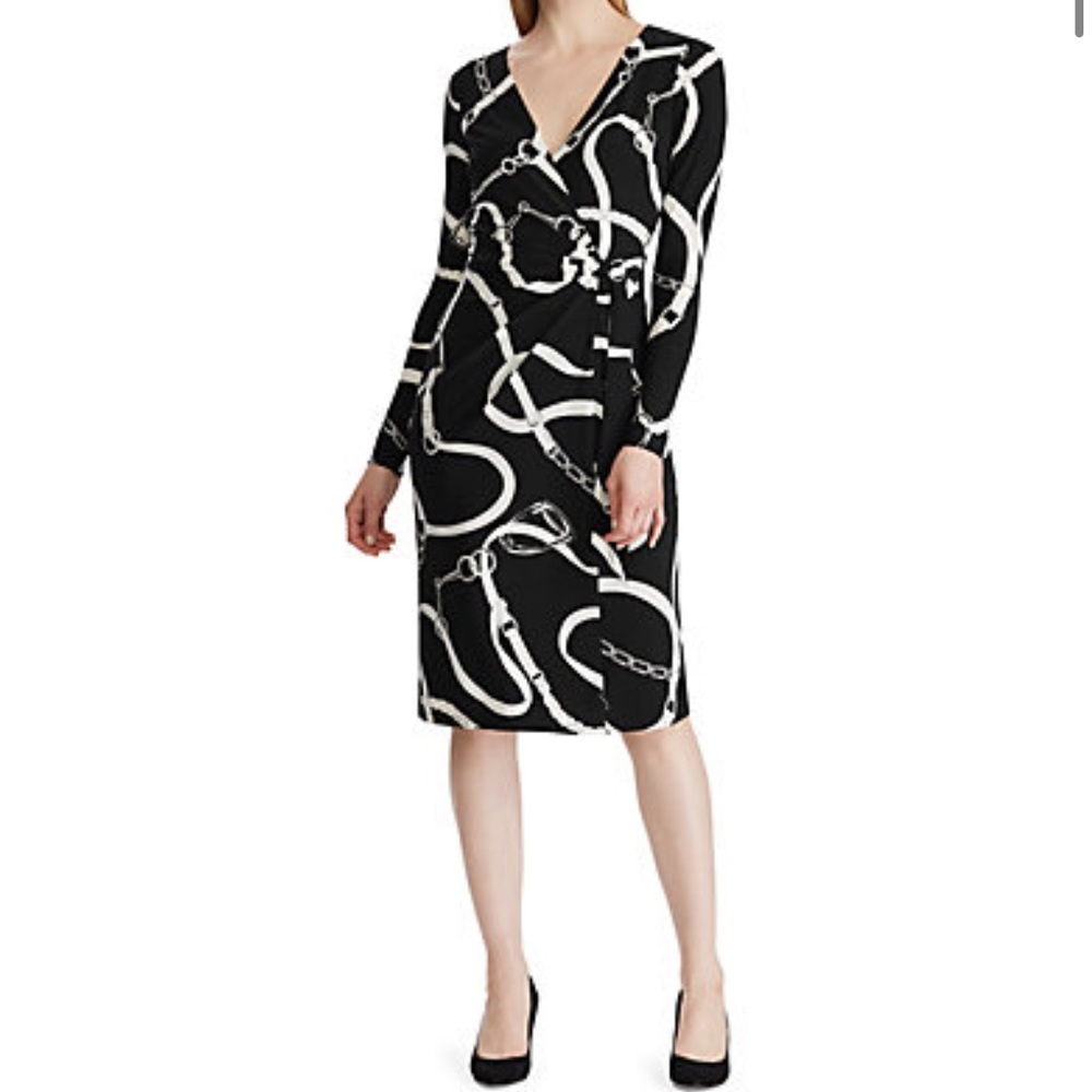 Lauren Ralph Lauren Long Equestrian Print Long Sleeve Faux Wrap Dress, Sz 12